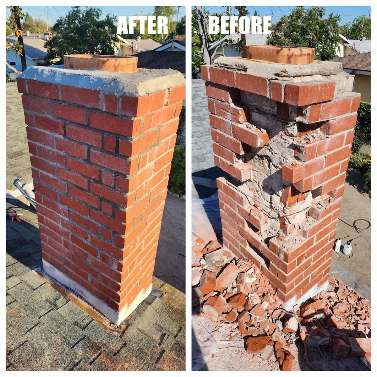 A brick chimney against trees and a rooftop